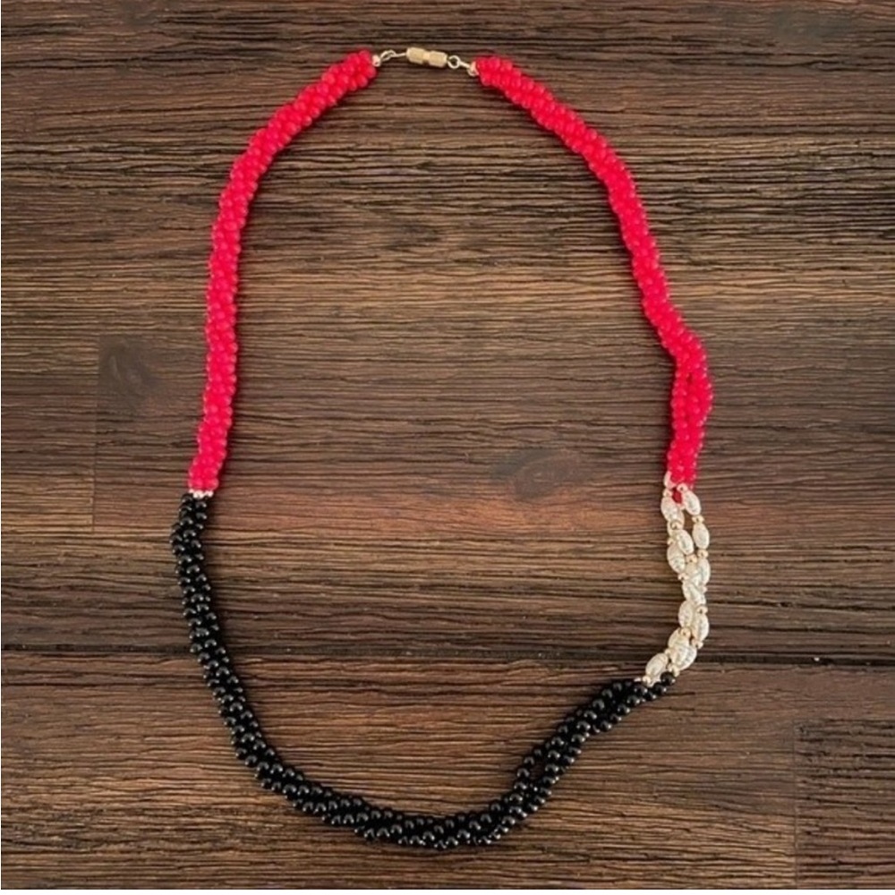 Hot Pink Black and White Beaded Twist Necklace